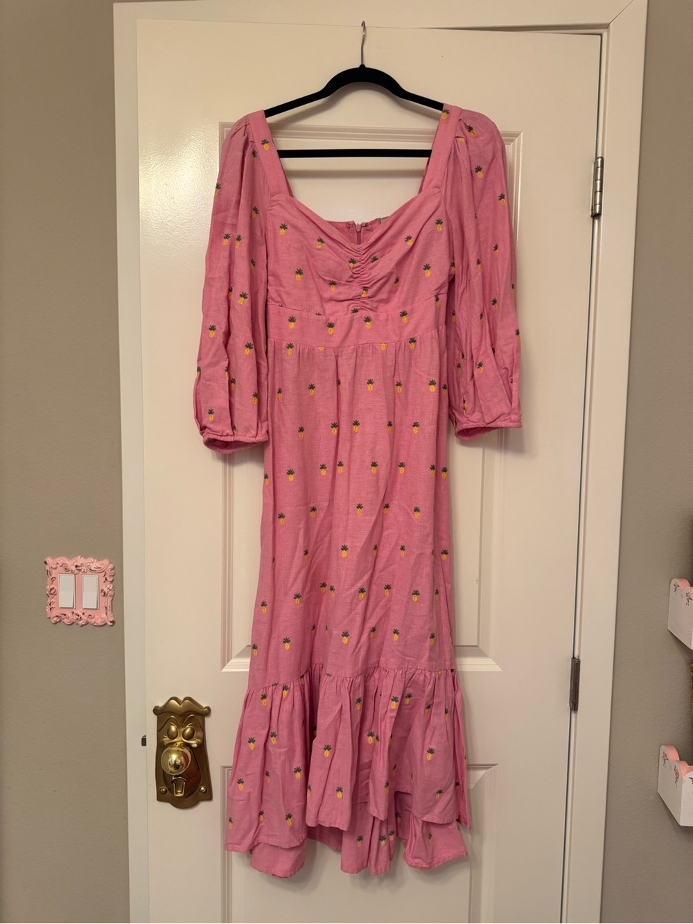 Farm Rio Pineapple Pink Linen Midi Dress